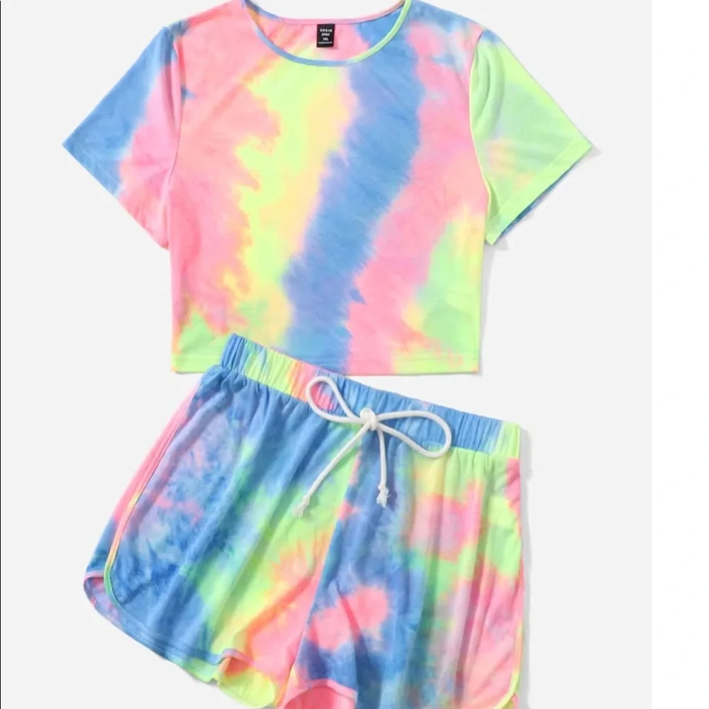 New- Tie Dye Print Tee & Drawstring Waist Shorts Set - Picture 1 of 5